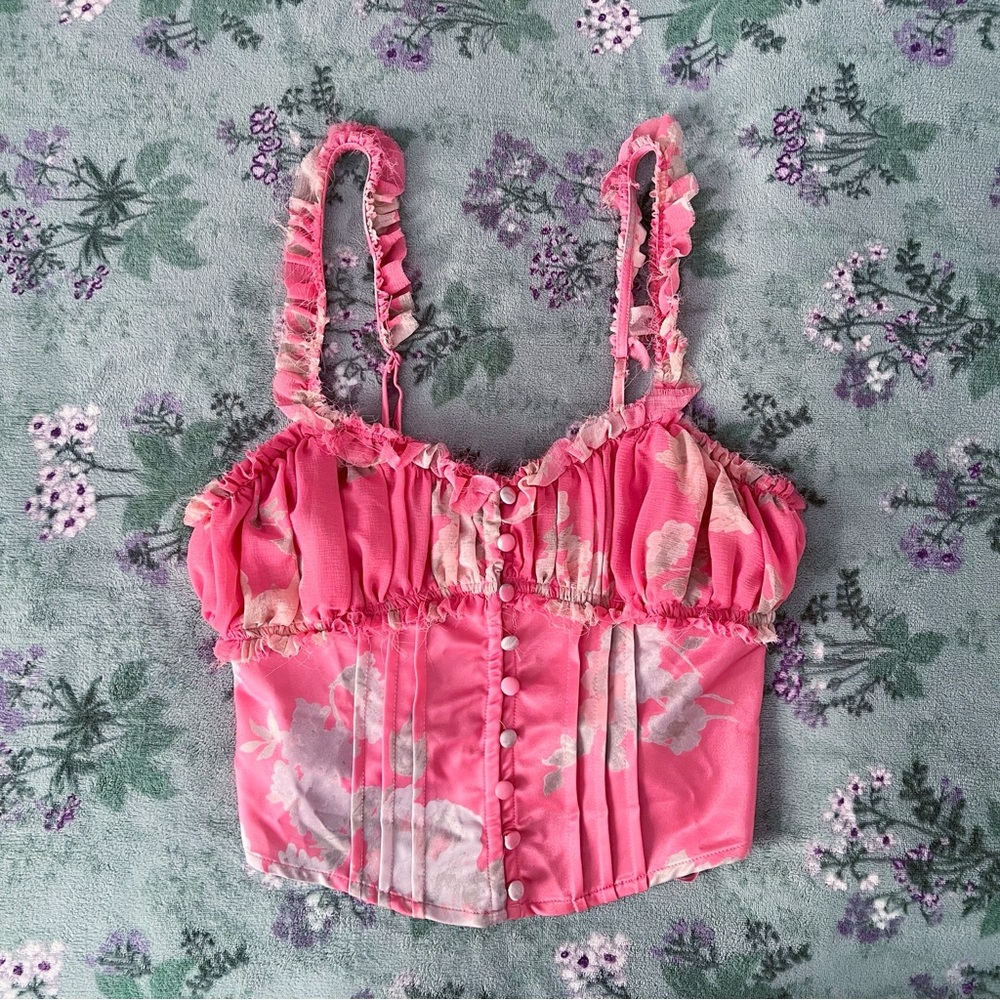 UO Kimchi Blue Claudia Pink Floral Ruffle Corset Top 💗